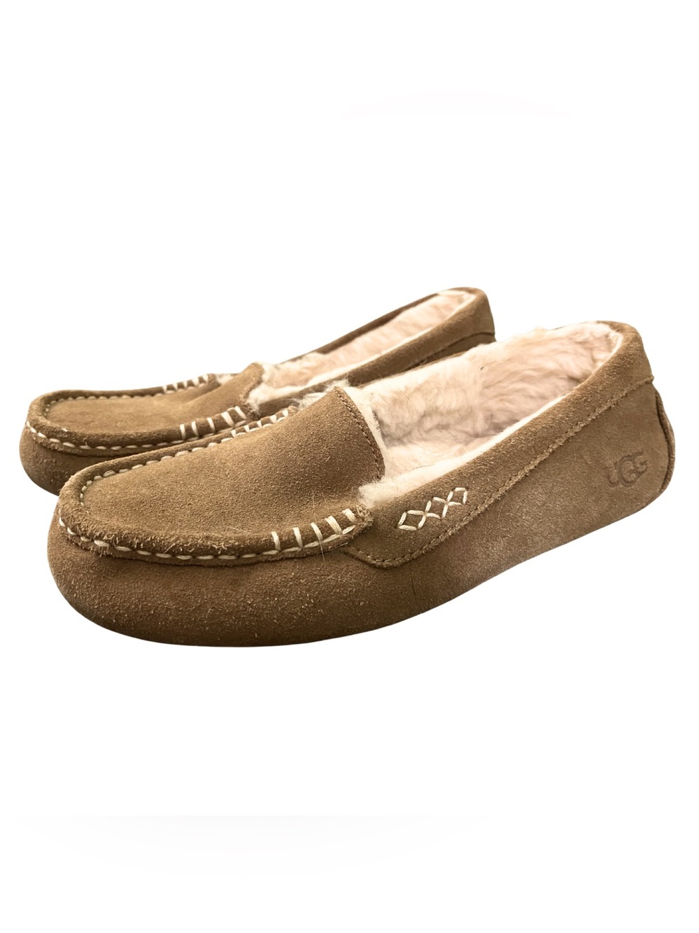 UGG Ansley Suede Sheepskin Moccasins Loafers Womens 9 Chestnut Embroidered Boho